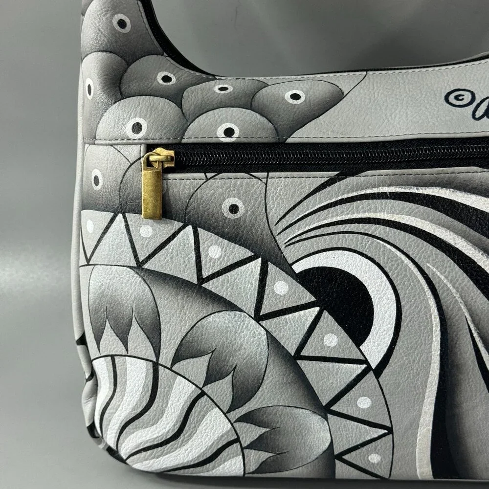 Anna by Anuschka Black/White Floral Leather Hobo Shoulder Bag - Picture 6 of 15